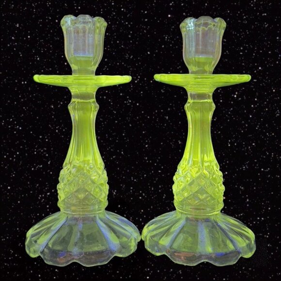 Other - Antique Clear Glass Candle Stick Holder Set 2 Tapper Glass Manganese 365nm GREEN